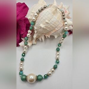 Milifiori & Faux Pearl Necklace Wire Strung SilverTone Clasp & Findings 16" Long